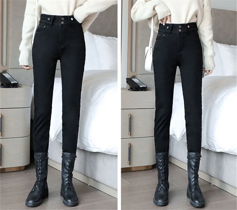 2022 New Winter Women Trousers Plus Velvet Thick Warm Jeans Elegant Female High Waist Large Size Slim Little Feet Pants F032 white jeans