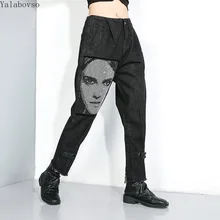 BF стиль плюс размер джинсы женские, с высокой талией джинсы плюс размер женские уличные стиль эластичный пояс длиной до щиколотки брюки карманы A71Z4