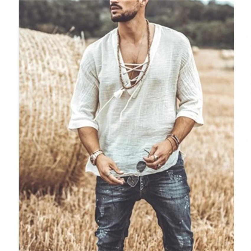 

Renaissance Viking Pirate Medieval Cosplay Halloween Costume Men Male V Neck Lace Up Vintage Shirt Half Sleeve Linen Blouse Top