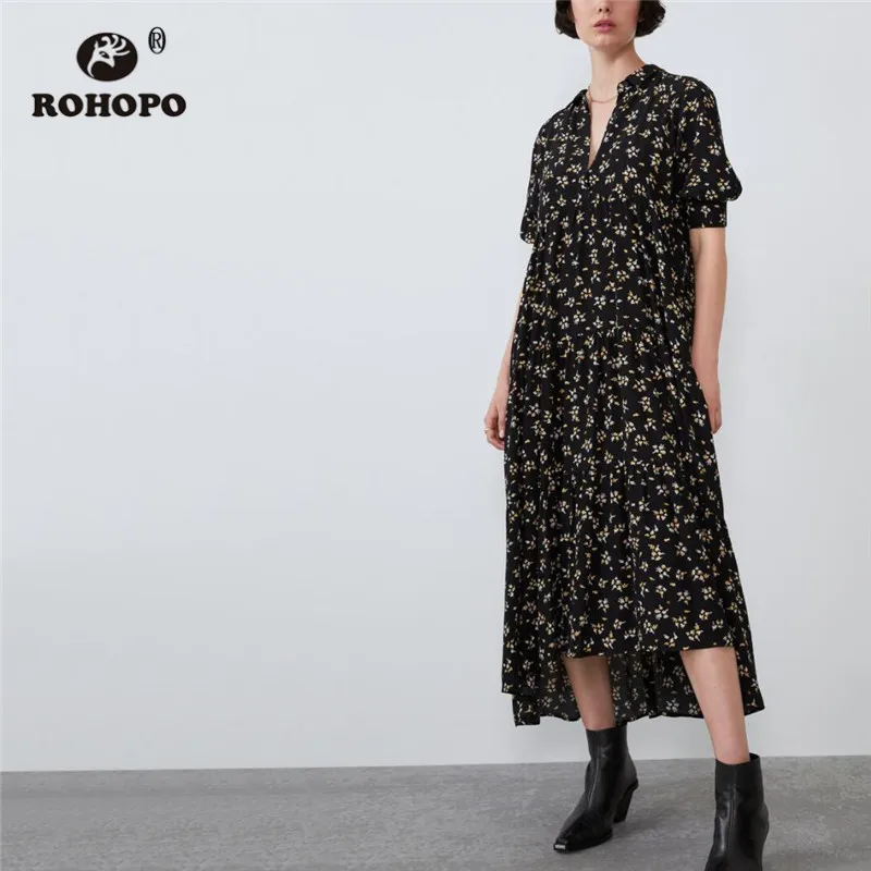 

ROHOPO Half Sleeve Lapel Collar Printed Black Midi Blouse Dress Buttons Fly High Waist Maxi Multiways Pleated Vestido #9693