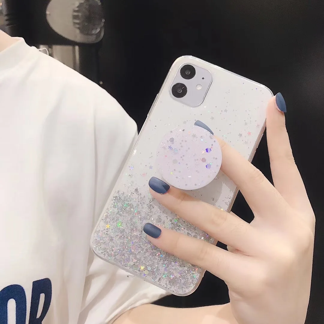 IMIDO роскошный блестящий Звездный чехол для телефона для IPhone 11 Pro XS MAX XR 7 8 6 6S Plus Блестящий Мягкий силиконовый чехол с держателем