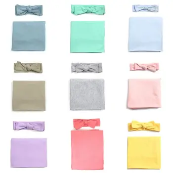 

2 Pcs/set Solid Color Baby Blanket Headband Set Simple Newborn Swaddle Headdress P31B