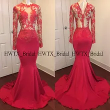 Красное вечернее платье с длинными рукавами, сексуальное, иллюзионное, с лифом, с аппликацией, в африканском стиле, длинное, Русалка, платья для выпускного вечера, Vestidos de gala, на заказ