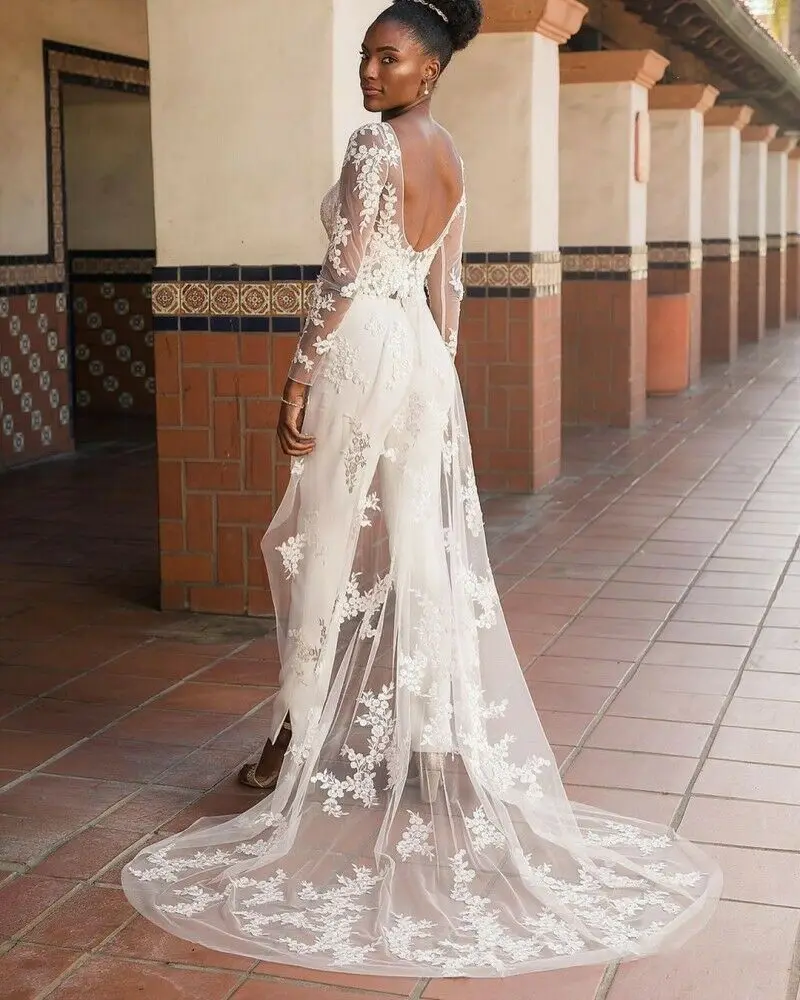 2020 г. комбинезоны свадебное платье со съемной юбкой кружевные свадебные п...