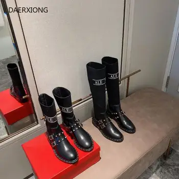 

2020Winter Punk Rivet Boots Women Round Head Toe Leather Booties Studded Thick Low Heels Chelsea Ankle Plush rivet fashion boots