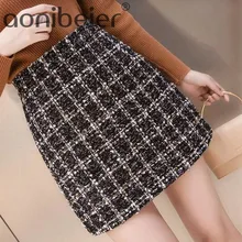 Aonibeier, клетчатая твидовая юбка, Осень-зима, Ретро стиль, для девушек, высокая талия, трапециевидная мини-юбка, женская повседневная короткая юбка на молнии сзади