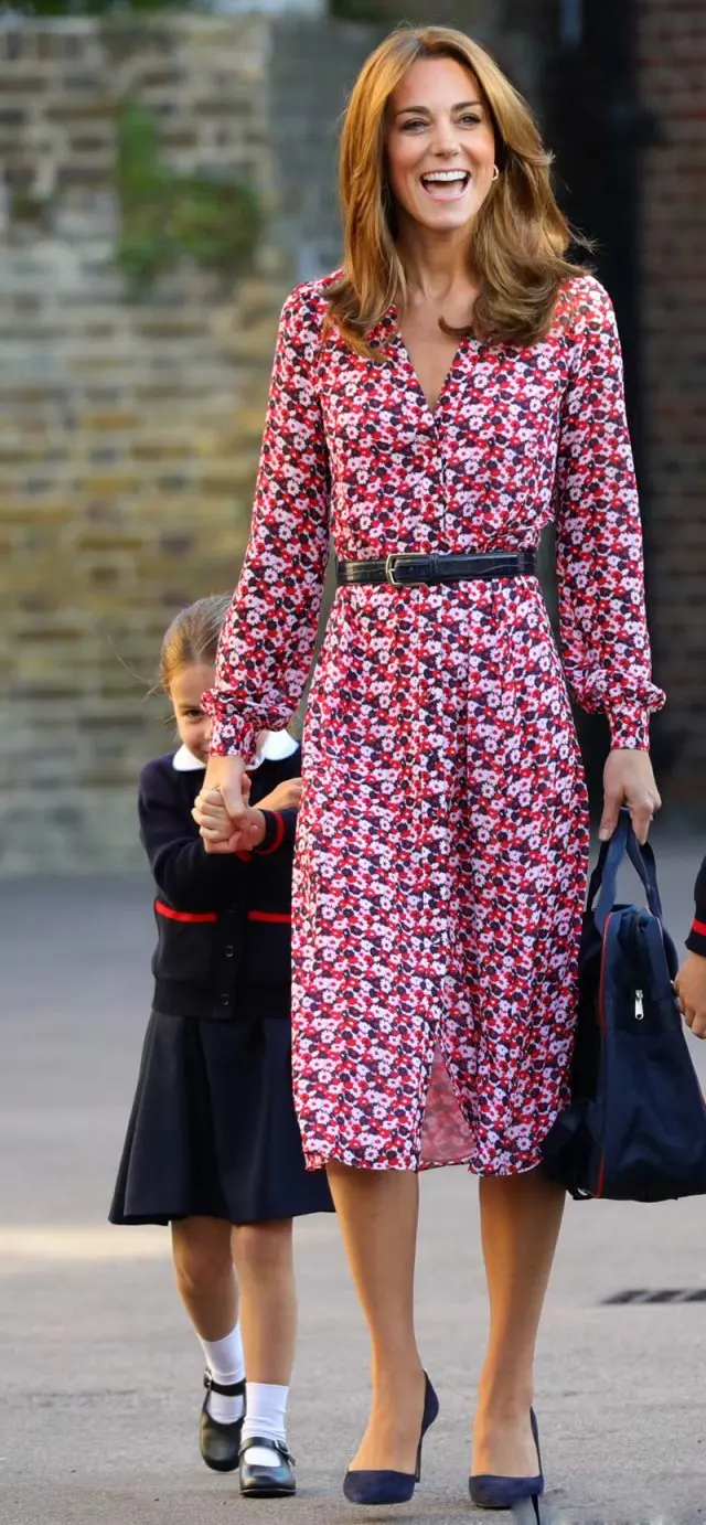 Princess Kate Dress Women Long Sleeve Dress Autumn Flower Print Runway Robe V Neck Single-breasted Vintage Midi Dresses+ Belt