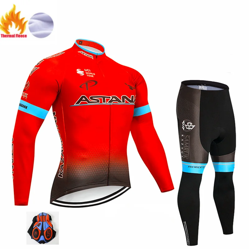 Winter suit Астана Команда Зима черный Велоспорт Джерси 9D велосипед брюки набор Мужские Ropa Ciclismo термальная флисовая велосипедная Одежда для велоспорта - Цвет: Winter suit