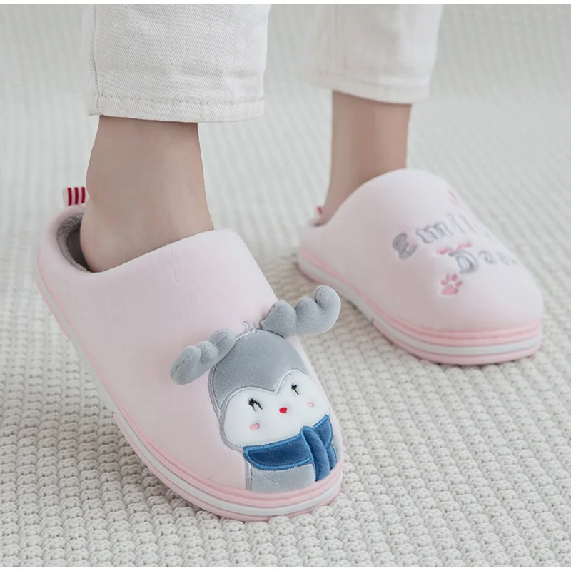 Women Home Flat Slippers Indoor Shoes Female Slip On Cute Cartoon Deer Furry Warm Ladies Christmas Woman Shoes Soft Footwear