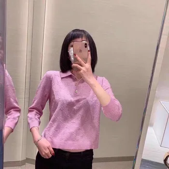 

Women's fashion short-sleeved new retro popular striped G round neck knitted short-sleeved T-shirt