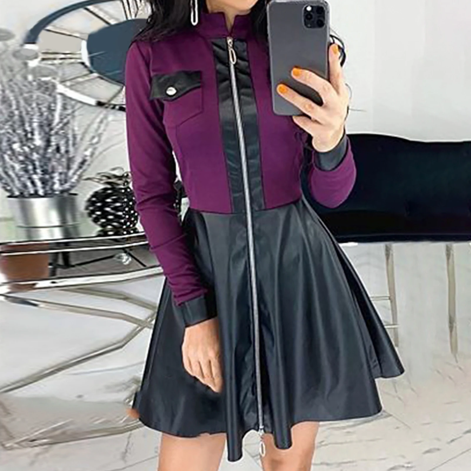 2021 Fashion Women Lace Long Sleeve Zipper Pocket Large Hem Faux Leather Mini Dress Women's Clothing женское платье vestidos 5XL zara dresses