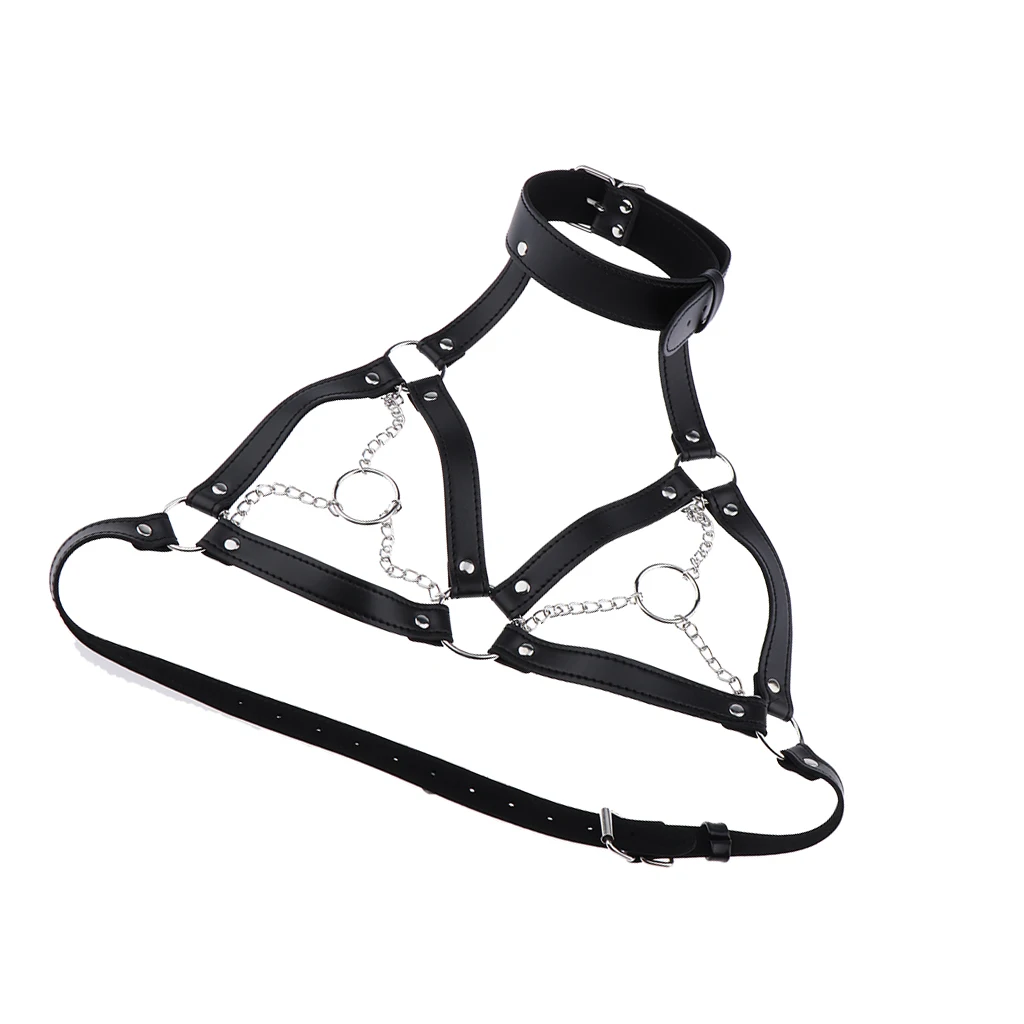 Sexy Black Leather Gothic Cage Bra with Metal Rings and Chain Body Harness Bralette Strap Costume Lingerie for Women