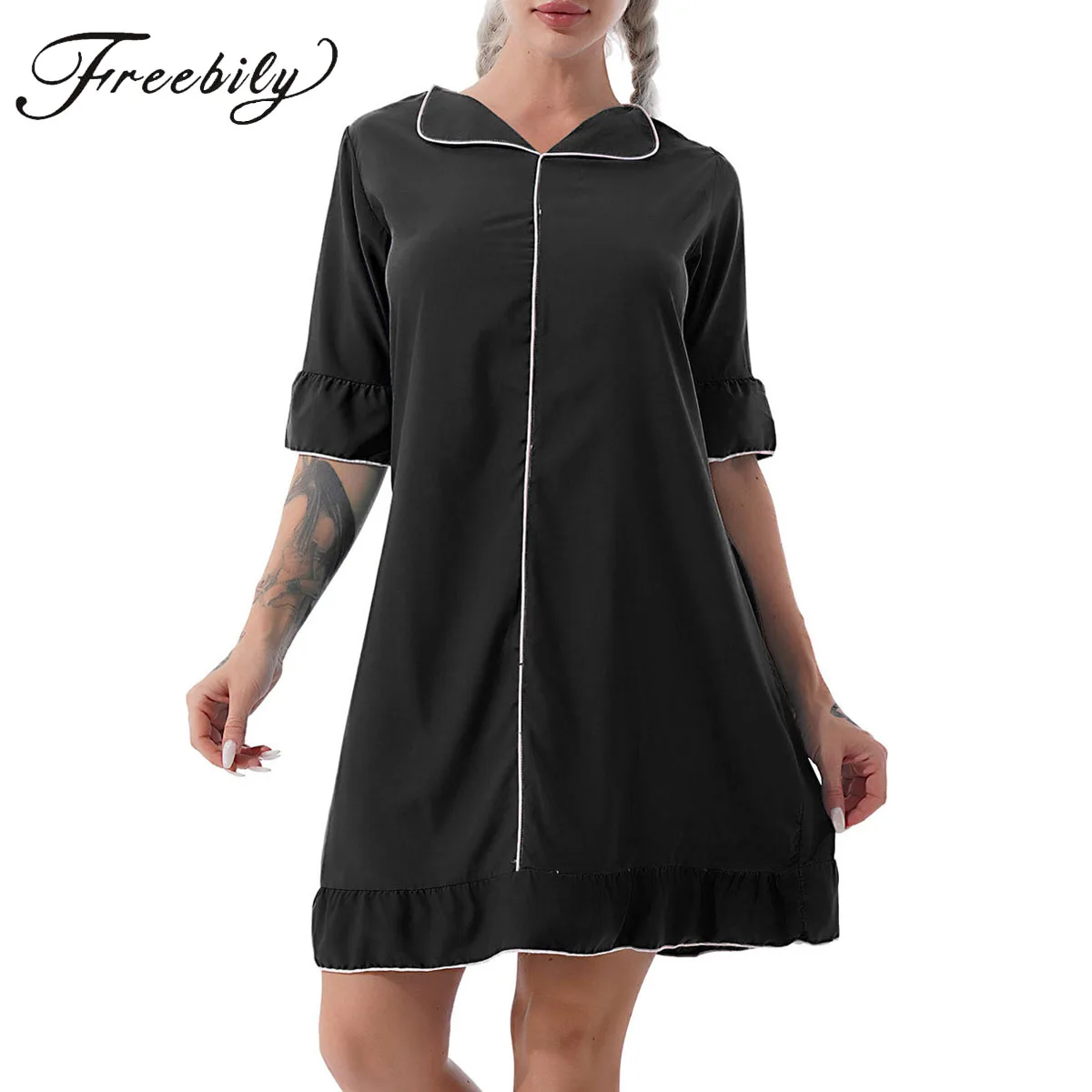 Women Nightdress Turn-down Collar Half Sleeve Ruffled Nightgowns Casual Homewear Nightwear