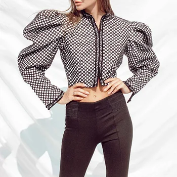 

2020 New Plaid Jacket Female Round Neck Single-breasted Puff Sleeve Long Sleeve Slim Ladies Short Jacket Crop Top Coat Spring