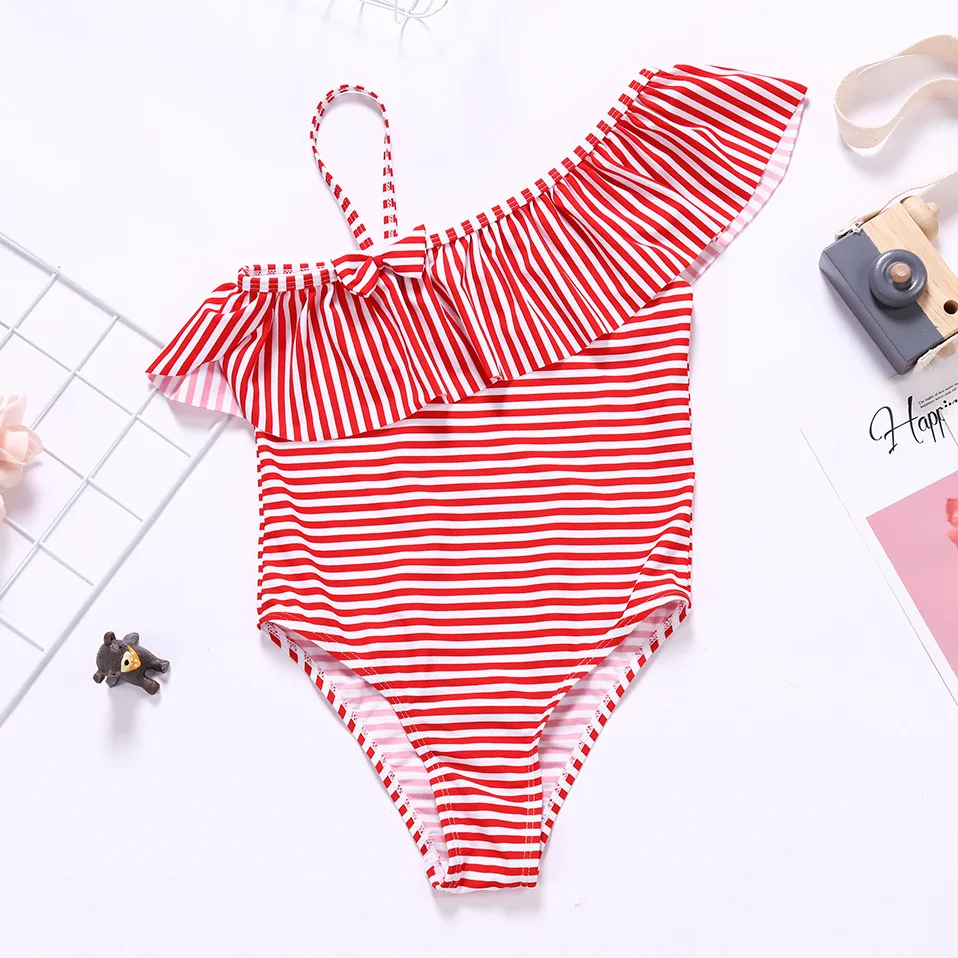2019 Girls Swimsuit 3-8years One Piece Swimwear For Children's Ruffle Style Striped With Bow-knot 9195 | Спорт и развлечения