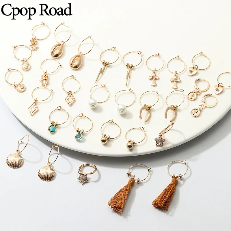 Cpop маленькие серьги-кольца с кисточками для женщин жемчужный Золотой Кристалл