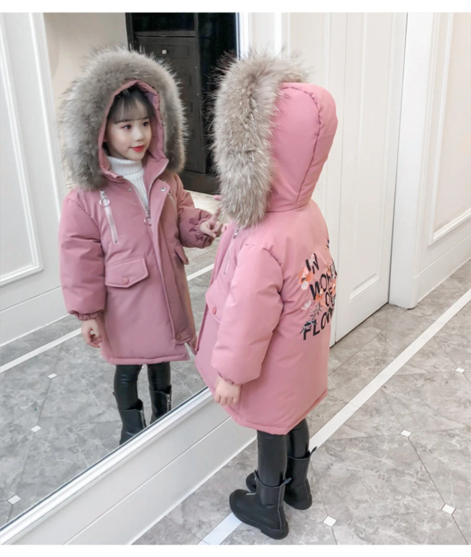 Зимняя куртка для девочек; детские длинные пальто; теплая парка; одежда с капюшоном и большим мехом; плотная верхняя одежда с цветочной вышивкой; детская зимняя одежда