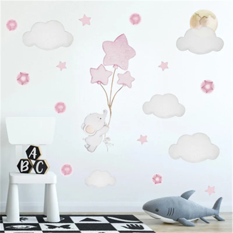 Cartoon Cloud Stars Elephant Wall Stickers For Kids Room Baby Girl Decorative Sticker Nursery Bedroom Decal Home Decor | Дом и сад