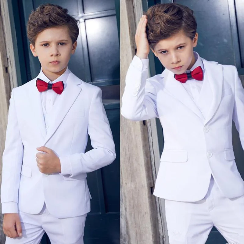 

White Handsome Two Buttons Notch Lapel Kids Formal Wear Designer Boy Wedding Suit Boys Attire Custom Made (Jacket+Vest+Pants)