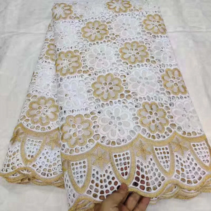 cotton Swiss voile lace fabric white and gold African dry cotton lace fabric with wonderful embroidery for dress CLL045