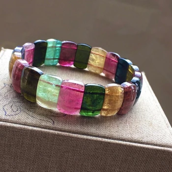 

Genuine Natural Colorful Tourmaline Bracelet Clear Rectangle Beads 16.3/10.4mm Women Men Crystal Stretch Bangle AAAAA