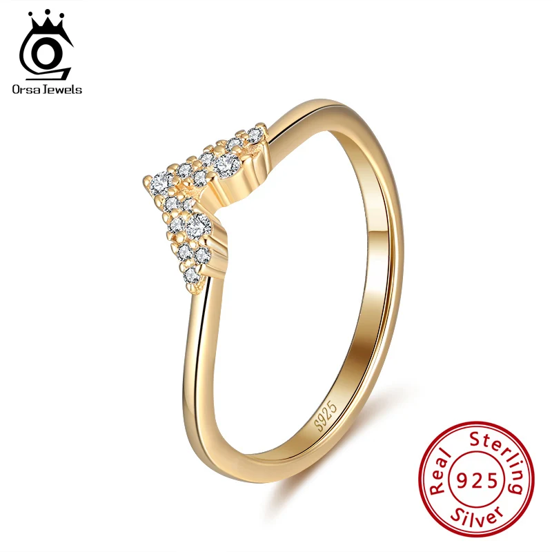

ORSA JEWELS Latest 100% Real 925 Sterling Silver Ring Gold Color Finger Stackable Rings Romantic Fine Party Gift Jewelry SR214