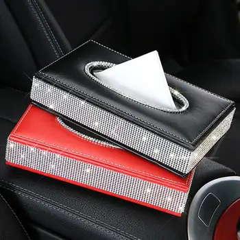 

Hot PU Leather Rhinstone Tissue Box Center Console Car Armrest Glittering Tissue Box