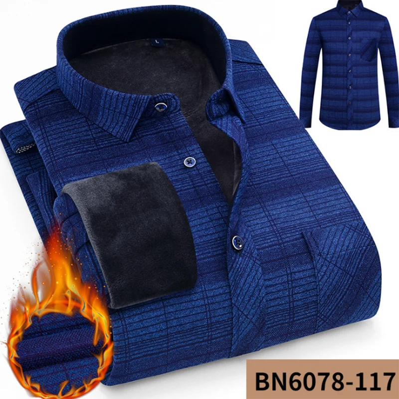 Мужские зимние теплые модные повседневные рубашки с принтом Camisa, дышащие удобные однобортные рубашки с добавлением шерсти - Цвет: blue