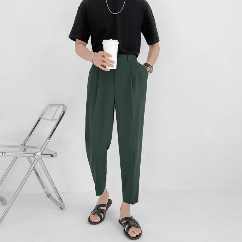 Men dress pants: summer fashion men's pants elastic waist ankle length casual suit pant Korean style regular fit solid luxury trousers beige blue