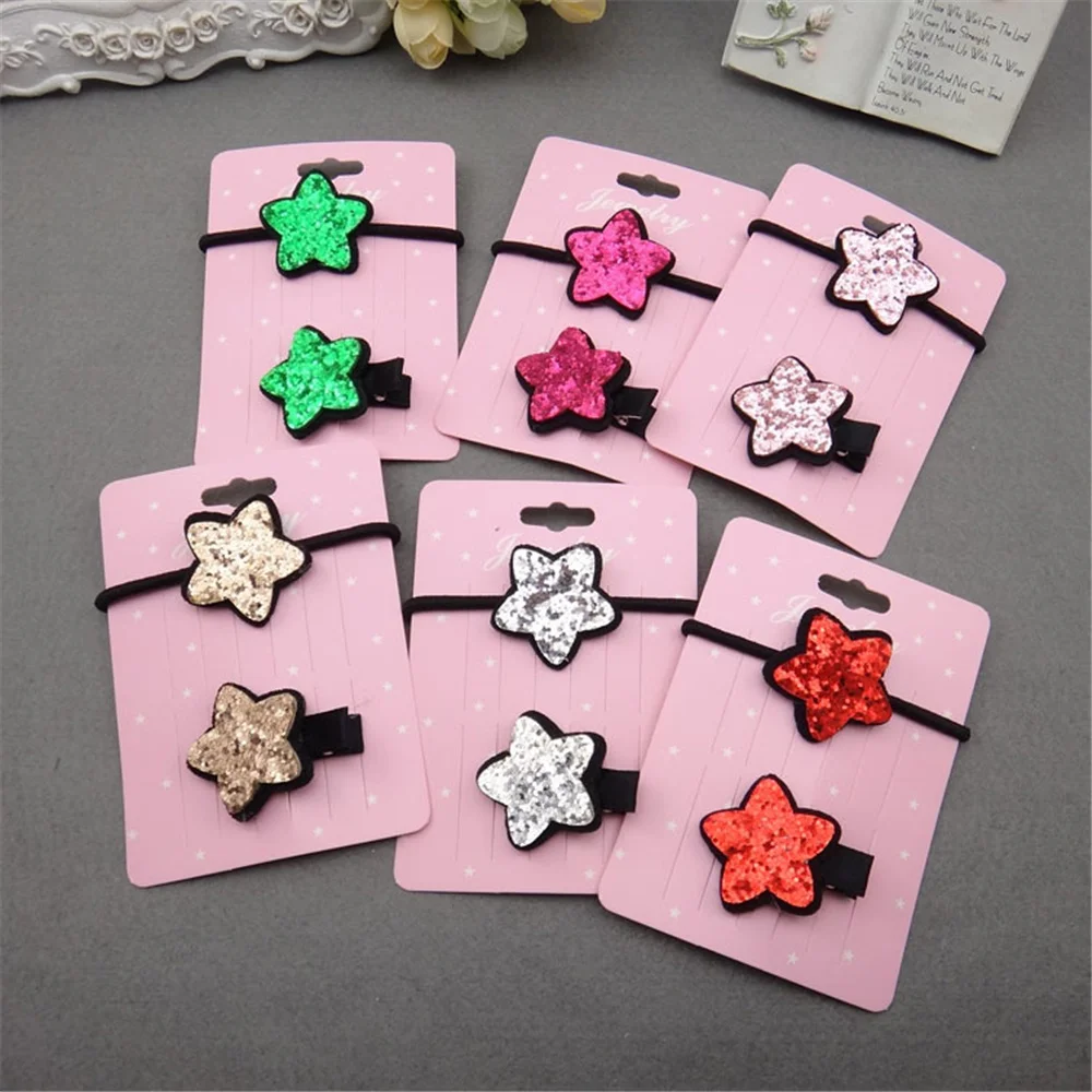 

New 2Pcs Glitter Star Elastic Hair Rope Duckbill Clip Set Hair Clips Hairpins Children Girls Hairbands Headwear Hair Accessories