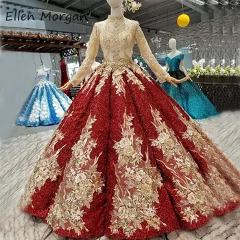 

Luxury Glitter Vintage Evening Dresses 2019 Long Sleeves Gold Applique Beads Sequins Lace up Quinceanera Prom Party For Women