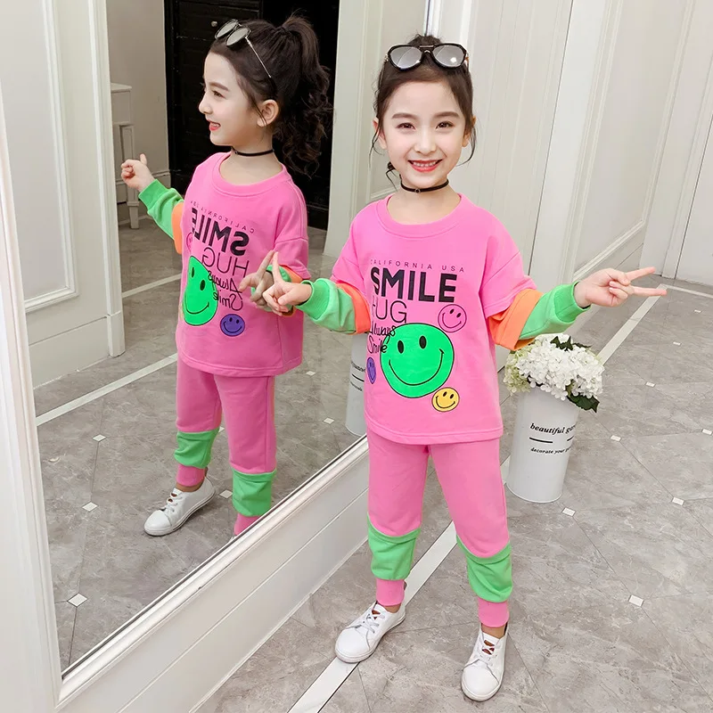 

Spring 2020 Set Smiley Lettered Mixed Colors Sports Girls Casual Spring And Autumn Children Two-Piece Set-Style