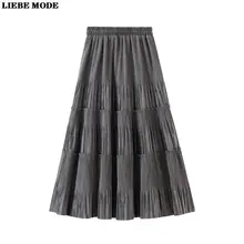 

Autumn Winter Female Vintage Velvet Long Pleated Skirt Women Korean Fashion Womens Casual High Waist A Line Skirt Calf Length