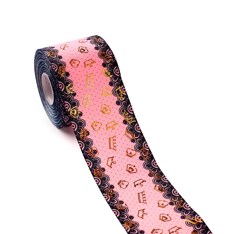 Winsome 75mm 3inch 50yard gold foil print noble crown thermal transfer printe grosgrain ribbon for some festival - Цвет: 1909090-048