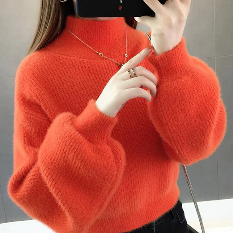 

Autumn Winter Loose Knitted Sweater Casual Women Imitation Mink Cashmere Pullovers Female Warm Loose Turtleneck Jumpers s354