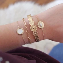 4 шт./компл. Для женщин Браслеты модные золотые геометрической формы резной круглой Gemst браслет-цепочка комплект в богемном стиле Шарм ювелирные изделия, аксессуары