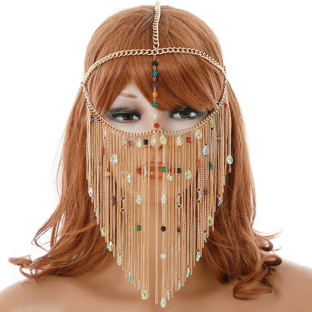 

Europe And America Ethnic-Style Exotic Natural Retro Alloy Accessory Tassels Acrylic Pendant Colorful Beads Head Chain
