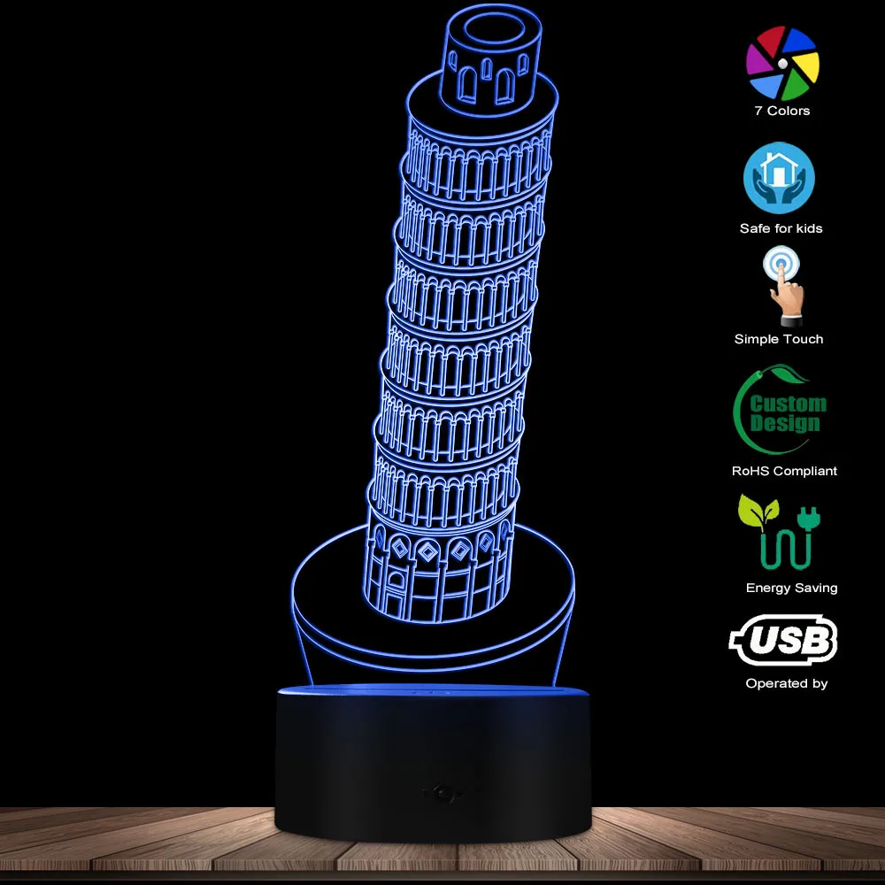 Пизанская башня, всемирно известные памятники, 3D иллюзия, Ночной светильник, Италия, знаменитый пейзаж, USB, ночная настольная лампа для путешествий, подарок для влюбленных