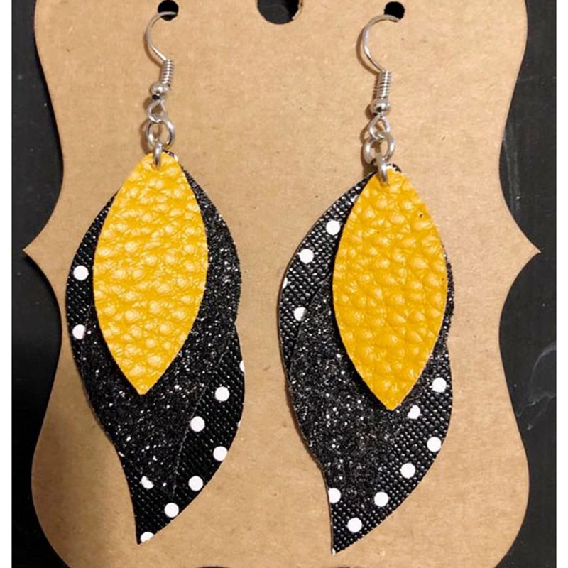 Pendientes personalizables de cuero amarillo y negro con diseño de purpurina falsa, Pendientes colgantes de 3 capas con de y mostaza|Aretes| - AliExpress