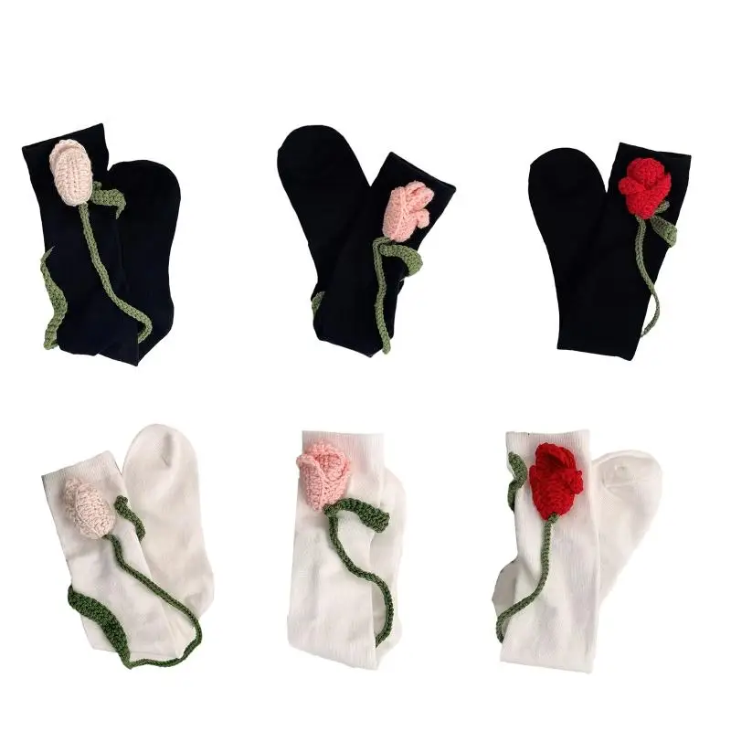 

1 Pair Women Girls Sweet Knee High Socks Crocheted Flower Stockings