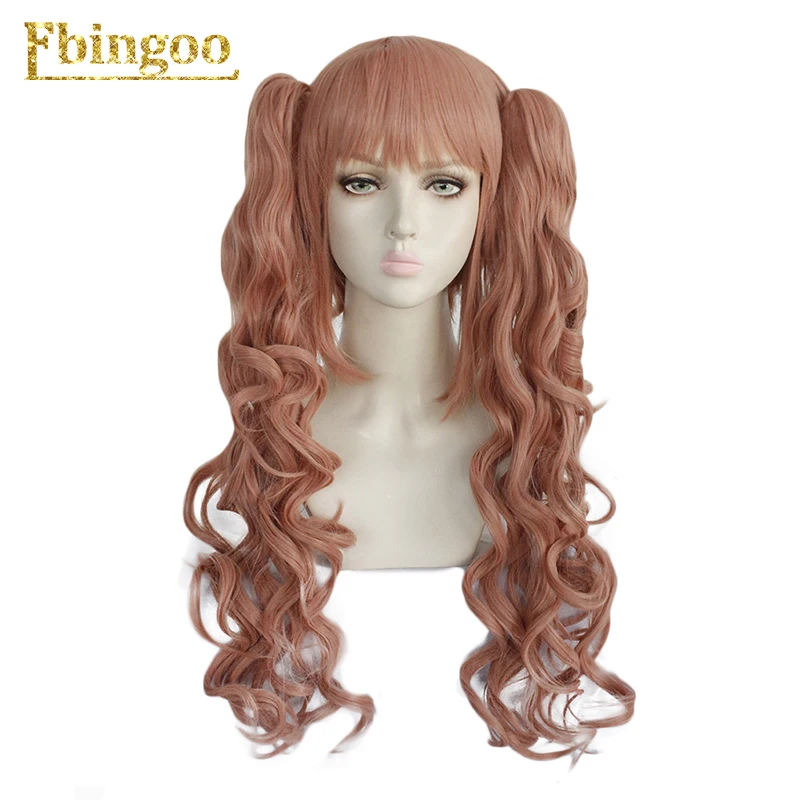Ebingoo Danganronpa Junko парик Двойной конский хвост розовый синтетический парик для косплея длинный волнистый парик боковая часть+ шапка для волос