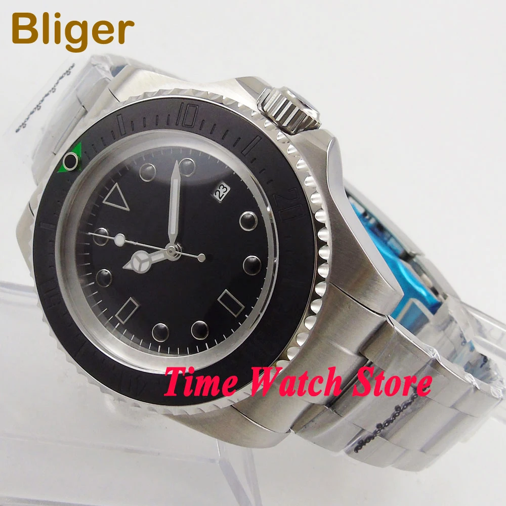 Bliger 44mm black sterial dial sapphire glass date luminous Ceramic bezel SEA Automatic men's watch waterproof 159 | Наручные часы