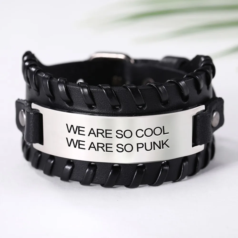 My Shape Stainless Steel Men Bangle We are So Cool We are So Punk Jewelry for Man Genuine Leather Bracelet Snap Belt Bangle