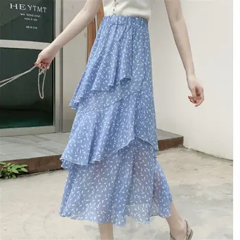

Multicolor Floral 2020 Summer New Chiffon Skirt High Waist Dot Irregular Skirt Women Cake Ruffle Long Femme Jupe Elastic R249