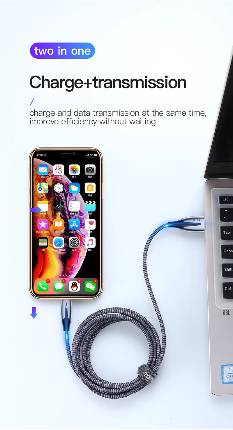 TOTU 2.4A светодиодный нейлоновый usb-кабель для iPhone 11 Pro Max XR X Xs Max 6 6s 7 8 Plus шнур для быстрой зарядки и передачи данных