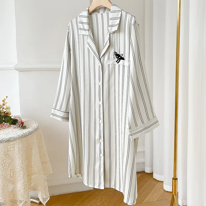 

Женская рубашка для сна с отворотом, атласная однотонная пижама с длинным рукавом, весна-лето, ночная рубашка, свободная Пижама, домашнее платье