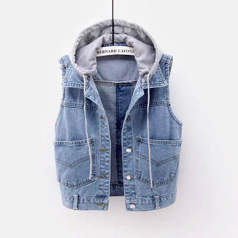 

Denim Waistcoat Women's Short Style Spring and Summer New Korean-Style Hooded Large Pocket Sleeveless Vest Blouse