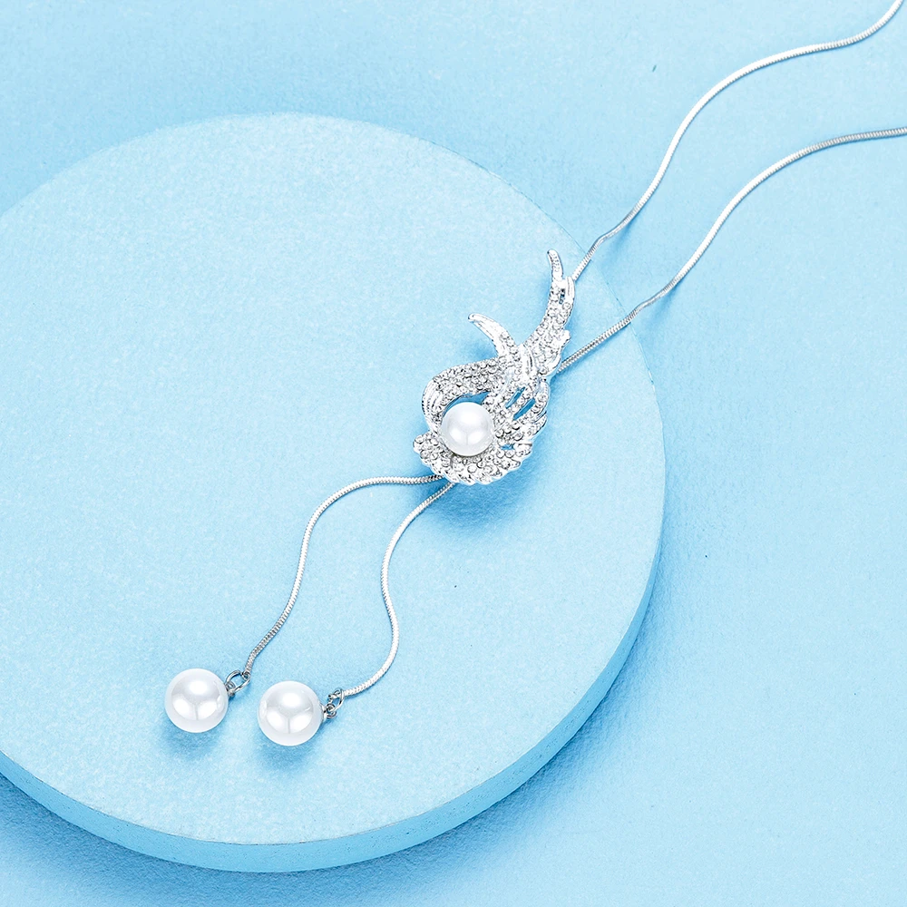 Ожерелья с искусственным жемчугом и кулонами для женщин, модное длинное ожерелье с перьями и серебряными кристаллами, колье Boho Femme, ювелирные изделия