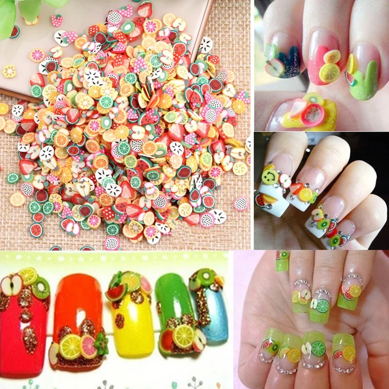 

1000pcs/Bag Assorted Clay 3D Fruit Pattern Slices Nail Art Decoration by Cool Shiny Slicing Nail Decorations