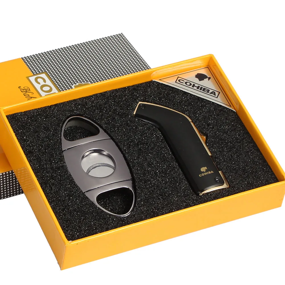 

COHIBA Cigar Lighter Cutter Set 2 Flame Torch Lighter Windproof Pocket Metal Cigars Cutter Sharp Blade W/ Cigars Punch Cutter